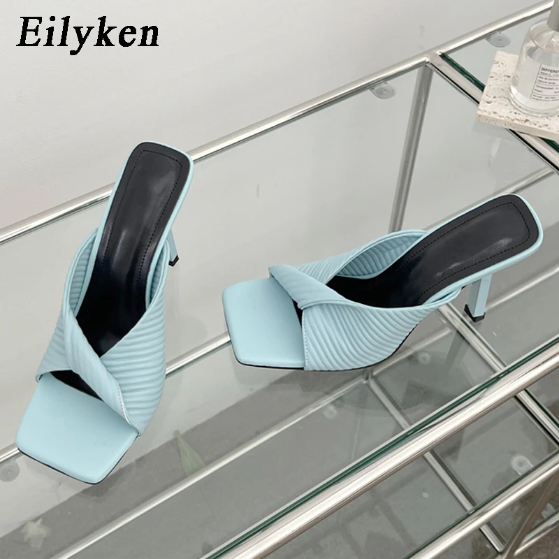 

Eilyken 2022 New Design Summer Pleated Square Toe Women Slipper Fashion Slides Ladies High Heel Slides Sandals Shoes
