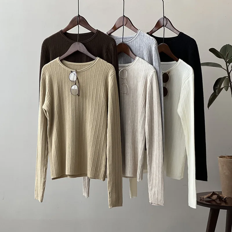 

2023 Autumn Round Neck Rib Knit Sweater Women Long Sleeve Solid Color Basic Bottomed Tops