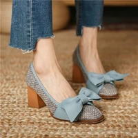 bow knot high heels women 2022 new french retro thick heels high heels color matching woven womens shoes office women shoes