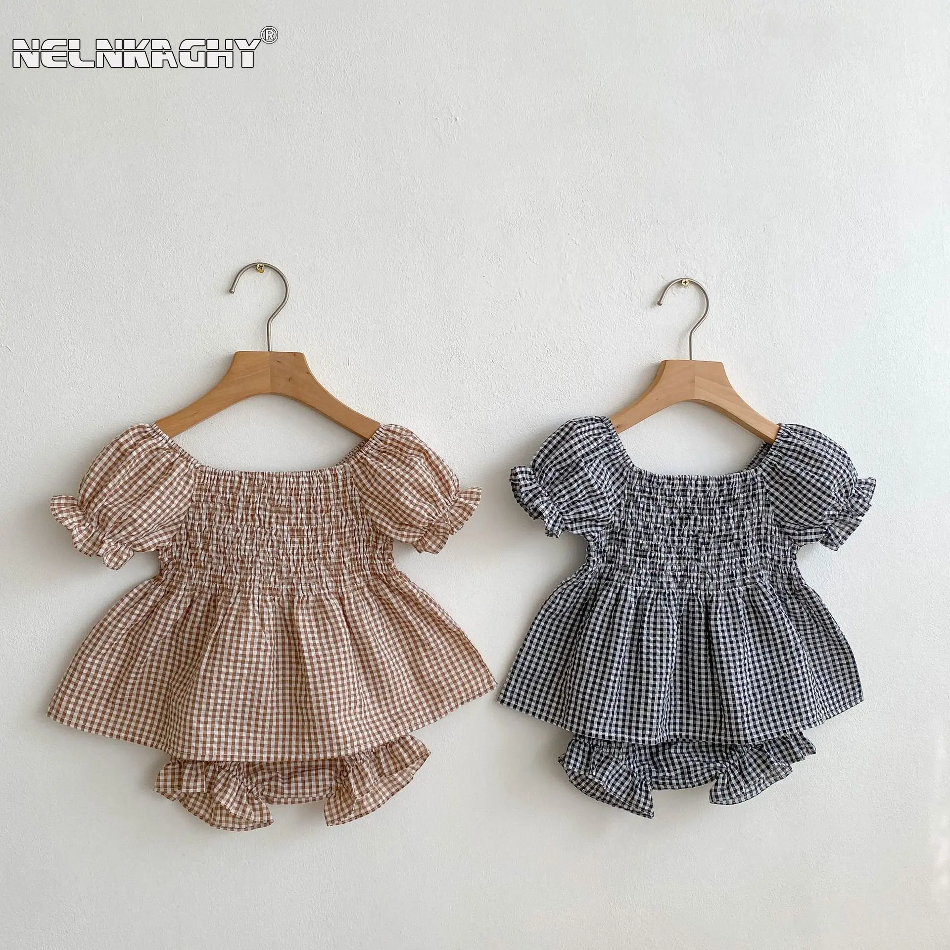 Summer Kids Baby Girls Puff Sleeve Plaid Top Loose T-shirts + Ruched Lantern Shorts Infant newborn Casual Clothing Set 2pcs