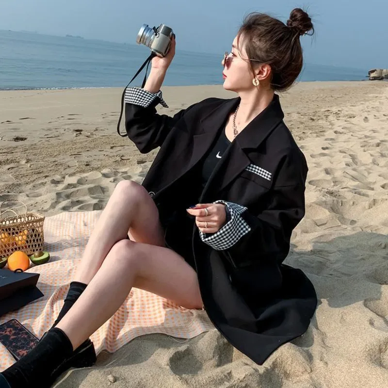 

Spring Autumn Black Blazers Jackets Women Korean Patchwork Lattice Casual Suit Jacket Fashion Loose Long Sleeve Female Outwear