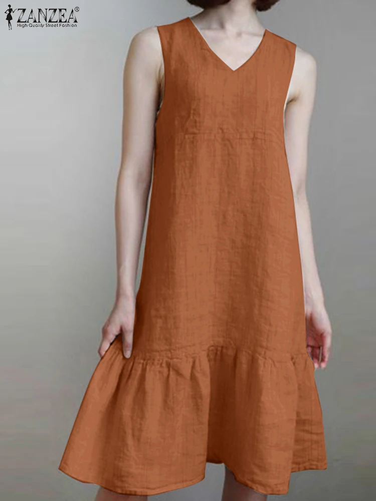 

2023 ZANZEA Woman Stylish Sleeveless Dress Summer Solid Color Ruffles Hem Vestidos Elegant Dresses Femme Casual Holiday Sundress