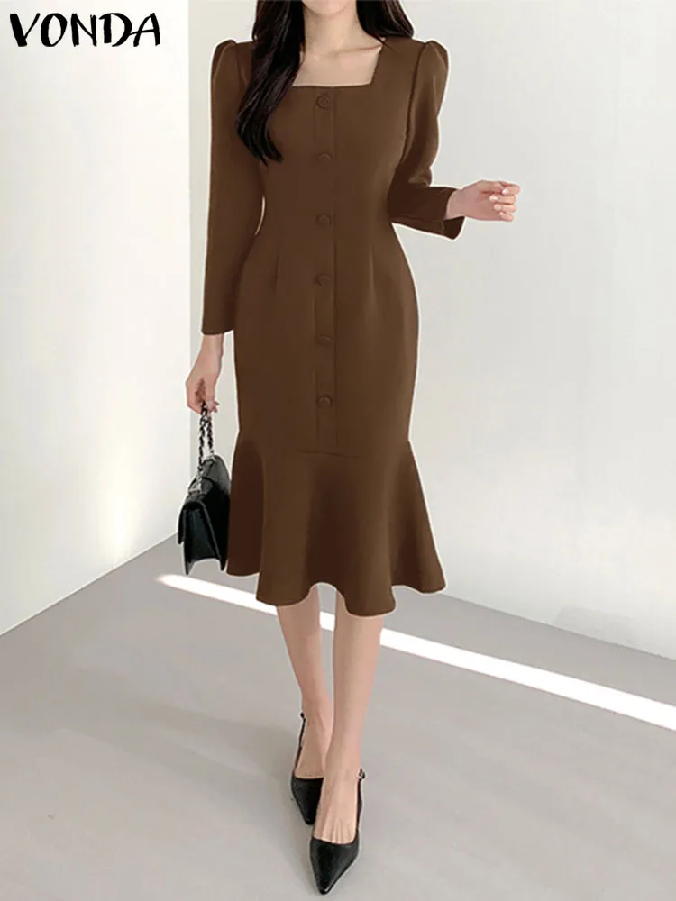 

Elegant Sexy Women Dress 2023 VONDA Summer Long Puff Sleeve Midi Sundress Square Collar Casual Solid Color Fishtail Robe Femme