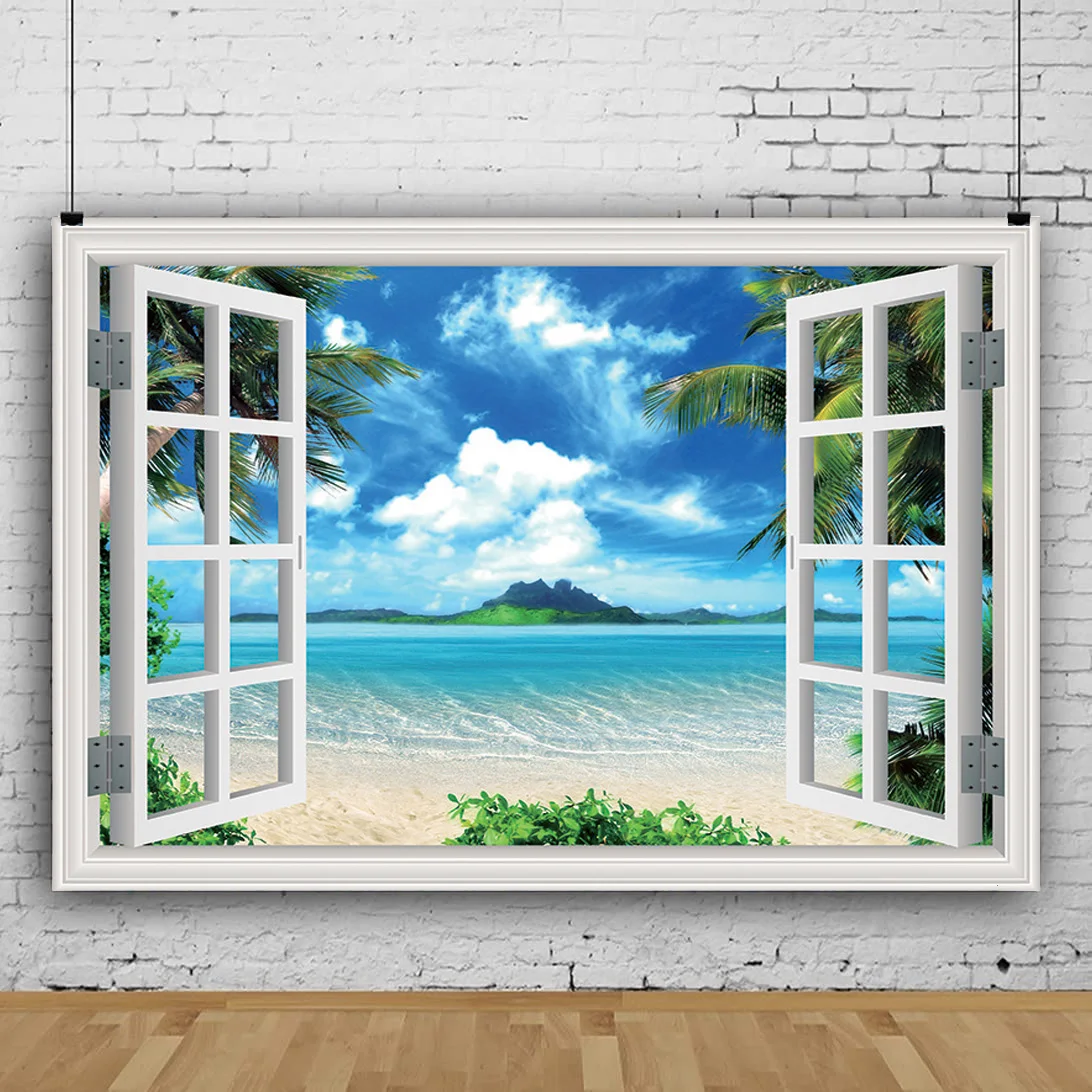 

SHUOZHIKE Window Beach Coconut Tree Photography Backdrops Props Scenery Mall Indoor Decoration Photo Studio Background HH-18
