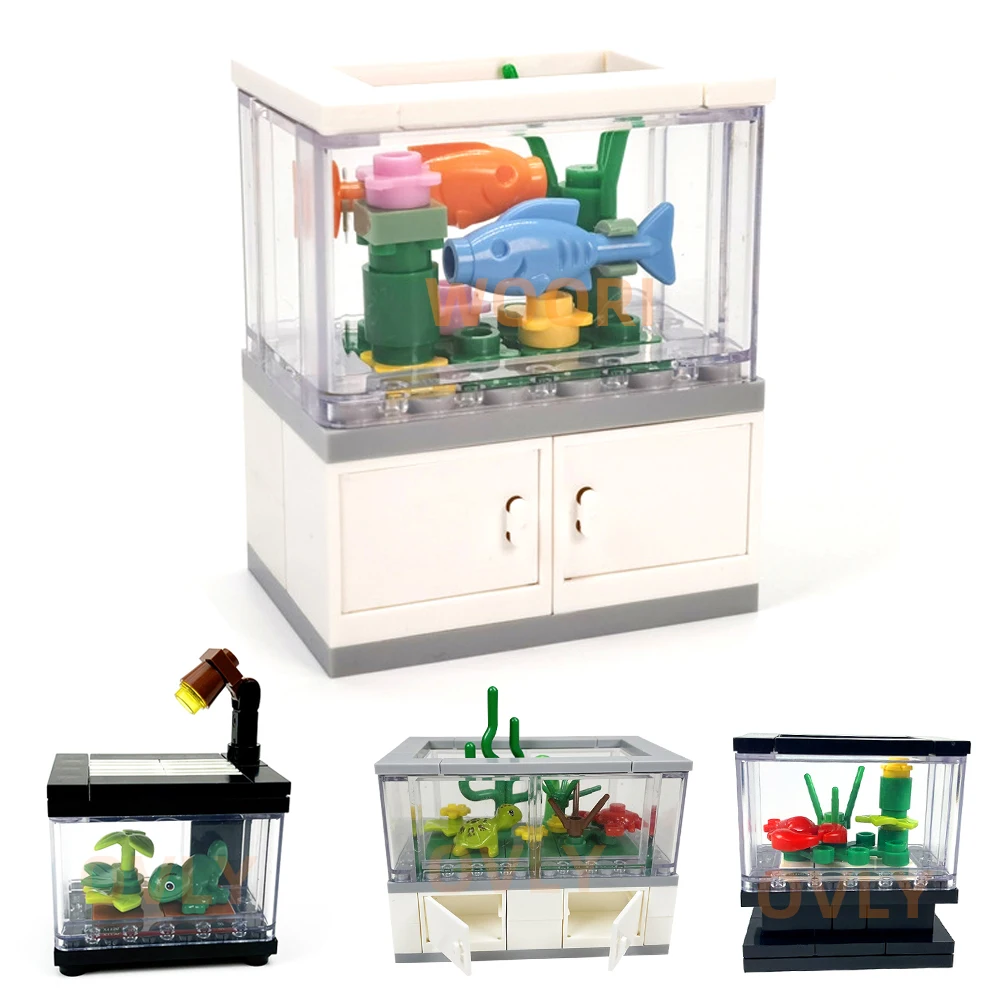 

Creative Building Blocks MOC City Scene Fish Tank LivingRoom Interior Decoration Assembled DIY Fish Reptile Lobster Climbing Pet