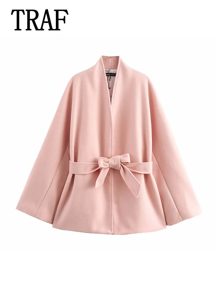 TRAF женское пальто с поясом новое осеннее розовое длинными рукавами для женщин