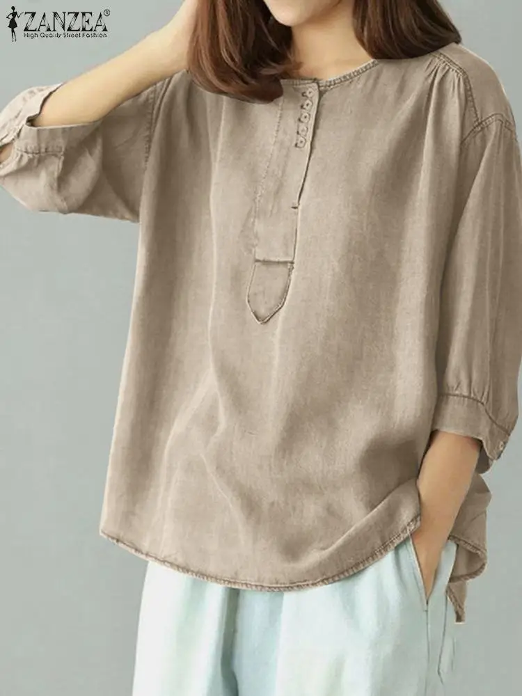 

ZANZEA Woman Casual Street Shirt Ladies Fashion Solid Blouse Summer 3/4 Sleeve O-Neck Tunic Tops Female Elegant OL Blusas Mujer