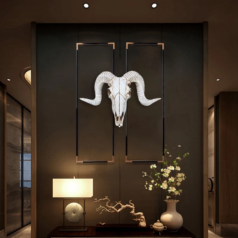 Creative Resin Sheep Head Skull Wall Hanging 3D Animal Longhorn Sculpture Figurines Crafts Horns Home Decor Ornaments