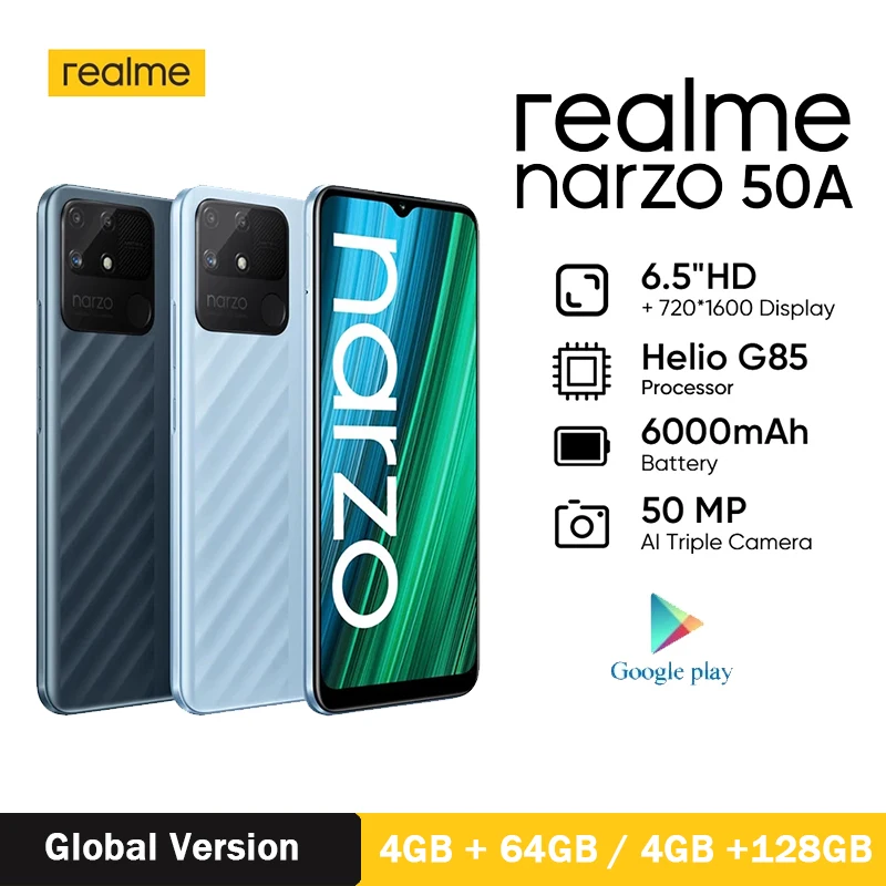 Global Version Realme Narzo 50A Smartphone 4GB 64GB Helio G85 6000mAh Mega Battery 50MP AI Triple Camera 6.5” Fullscreen