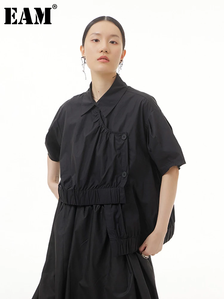 

[EAM] Women White Irregular Big Size Blouse New Lapel Half Sleeve Loose Fit Shirt Fashion Tide Spring Summer 2022 1DE8310