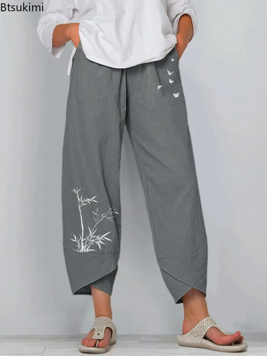Женские повседневные шаровары из хлопка и льна брюки с широкими штанинами