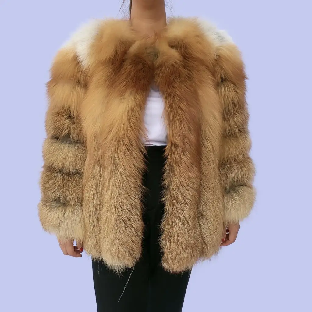 High Quality Women's Red Fox Fur Coat Vertical Stripe Silver Fox Overcoat Lady Natural Warm Thicken Fur Outwear Winter Clothing