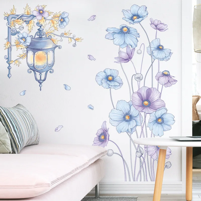 

Purple Flowers Wall Decals Street Lamp Pattern Art DIY Murals for Living Room Home Decoration Waterproof Removable Wallpapers