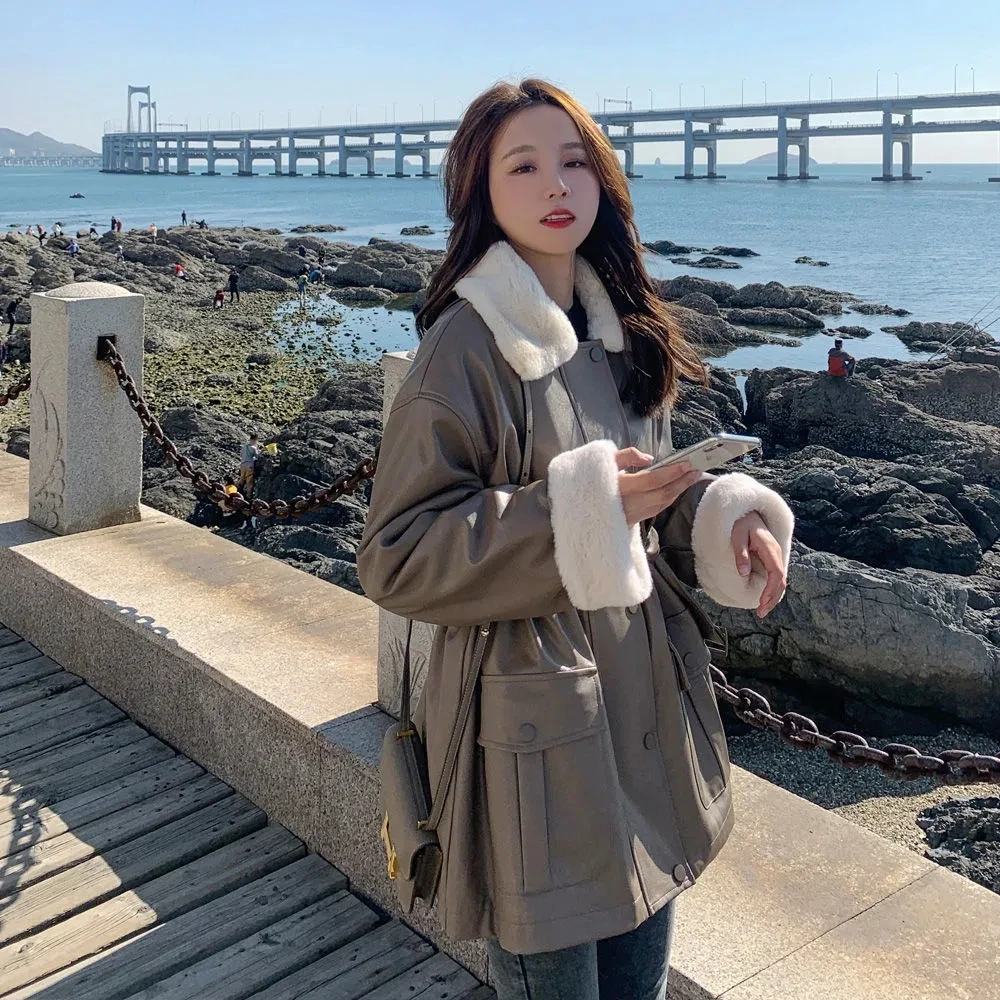 Autumn and Winter Jacket New Style Plush Leather Jacket Women's Mid-length Black Thick Motorcycle Jacket Waist Loose Coat Women