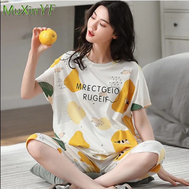 Women's Pajamas 2022 Summer Thin Short-sleeved Shorts Pijamas Two-piece Set Korean Cute Cartoon Sleepwear Home Clothing Suit