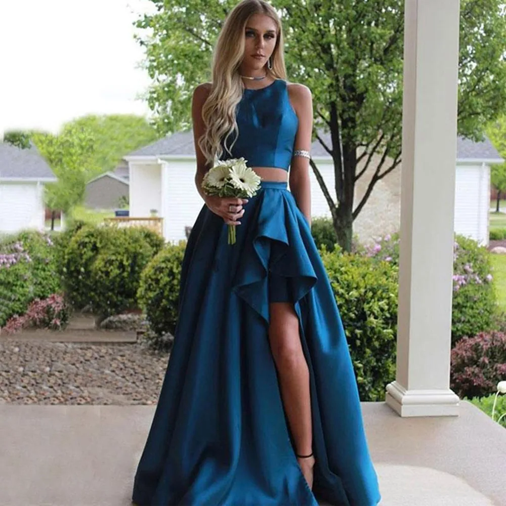 

Two Pieces Country Prom Dresses Jewel Neck Split Side Wedding Guest Dress Satin Maid Of Honor Gowns