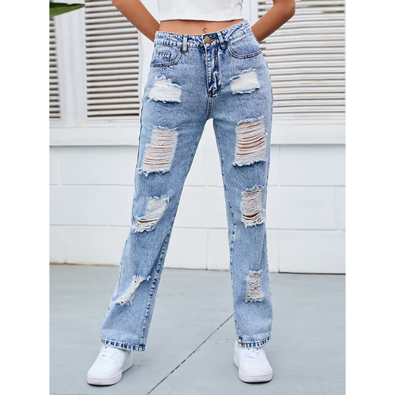 2023 European and American women's jeans denim washed and polished white mid-waist ripped straight hole ruined temperament