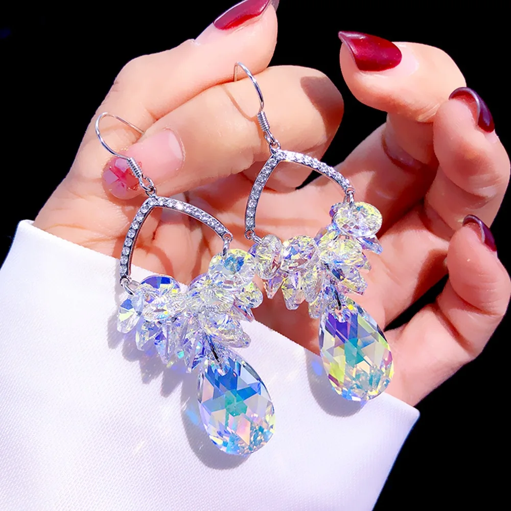 

Luxury Waterdrop Bright Crystal Dangle Earrings For Women Bridal Wedding Party Jewelry AB Colorful