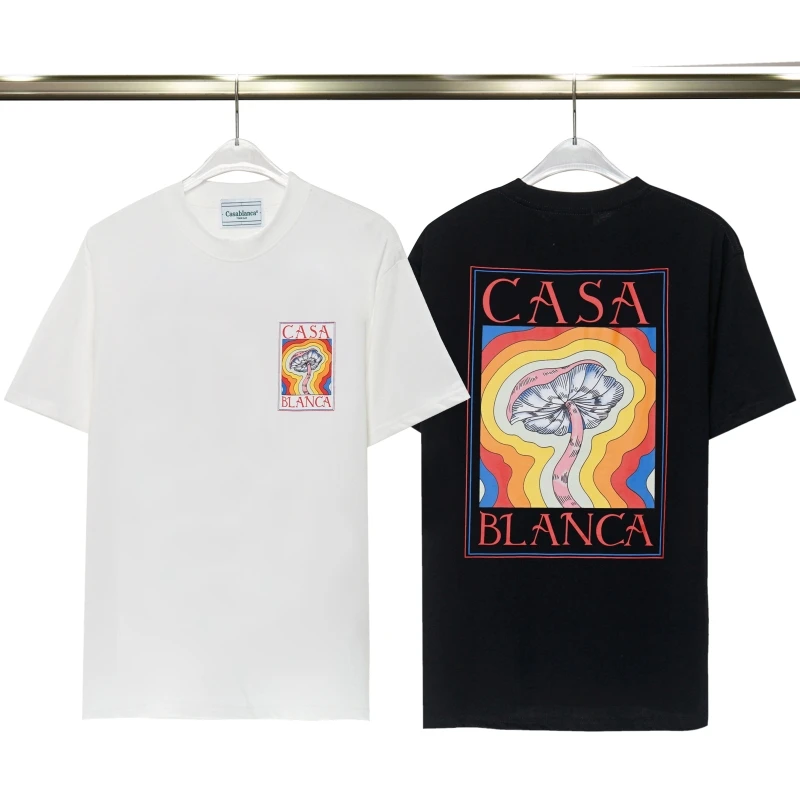 

23ss New CASABLANCA T shirts Rainbow Mushroom Letter Print Short Sleeve Tops Cotton Loose T Shirt for Men Women