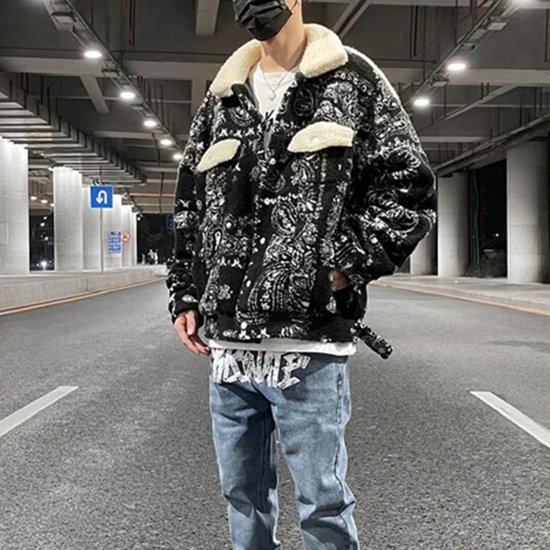 

Harajuku Cashew Print Polar Fleece Thick Winter Coat Mens Lapel Pockets Patchwork Oversized Windbreaker Cotton Jackets Clothes