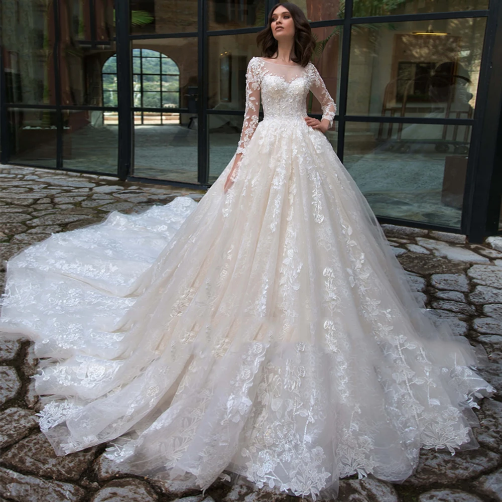 

Роскошное кружевное бальное платье с аппликацией, свадебное платье, элегантное платье с глубоким вырезом и бисером, свадебное платье принц...