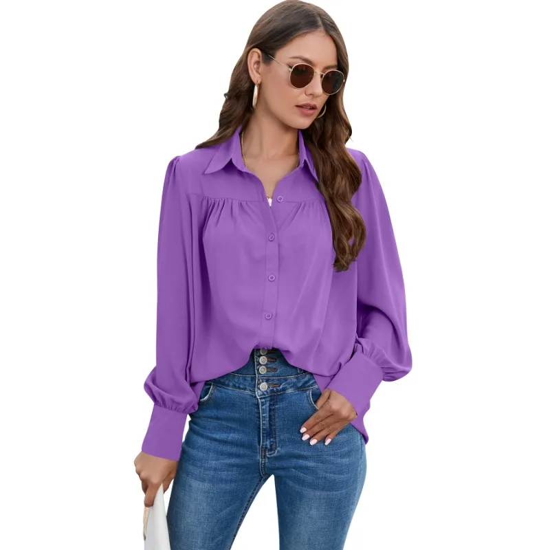 

Lantern Sleeve Solid Blouse, High Contrast Loose Button Down Collared Blouse, Casual Every Day Tops, Women's Clothing