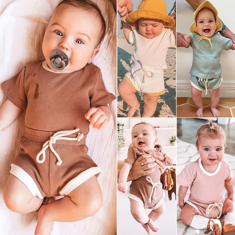 

Children's Clothing Solid Color Pit Strip Baby Short-sleeved Tops and Shorts Two-piece Girls Suit Toddler Kids Clothes