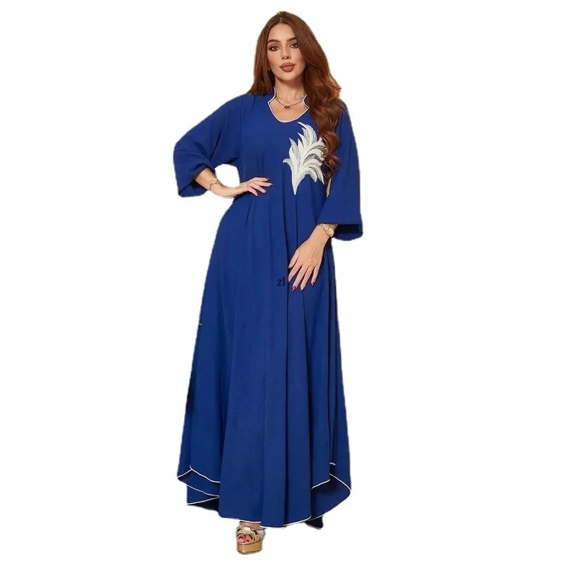 

Appliques Abaya Arabian Long Dress Women Elegant African Muslim Loose Modest Robe Islam Dubai Saudi Ramadan Kaftan Blue