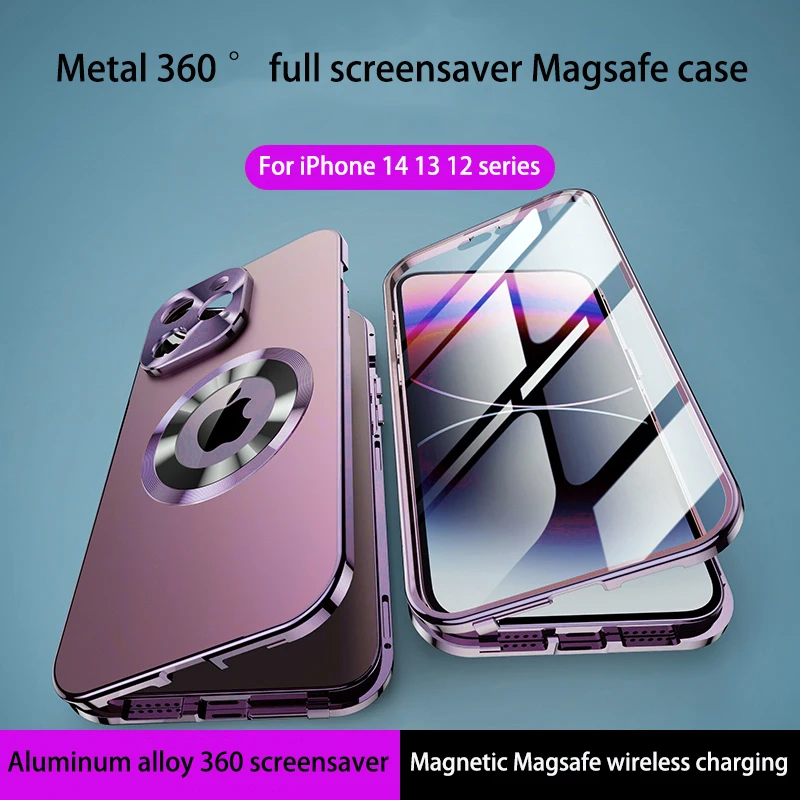 

For iPhone 12 13 14 Pro Max Case 360° Full Screen Lens Metal Magnetic Magsafe Cases Aluminum alloy HD Glass protective cover