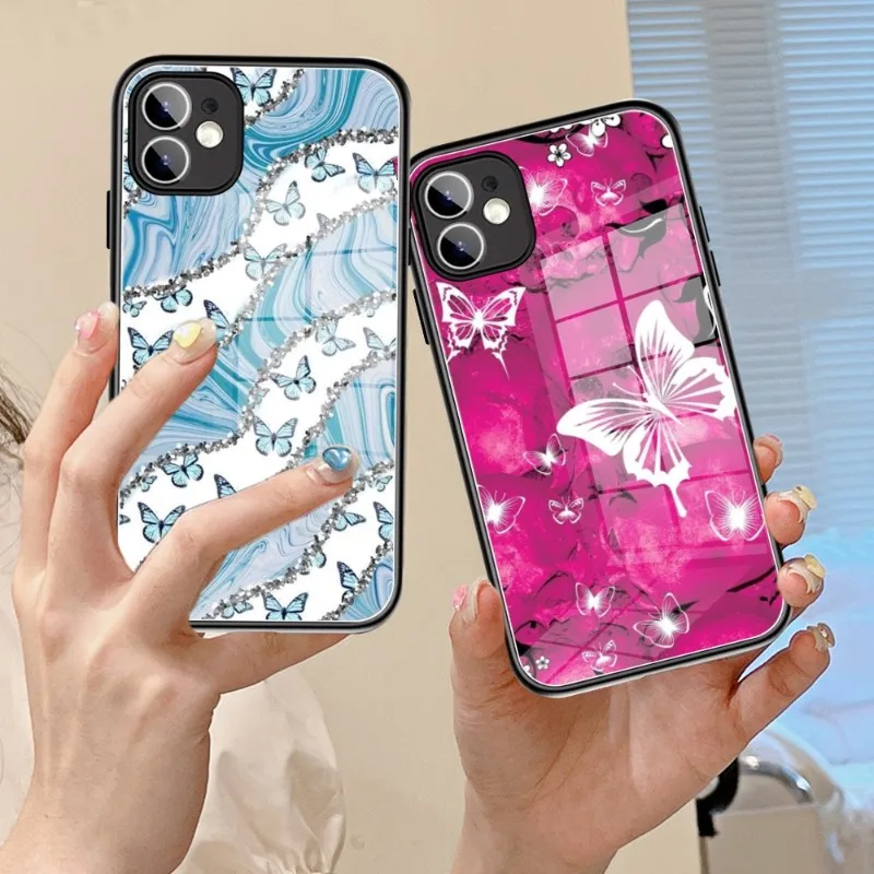 

2023 Y2K Butterfly Phone Case Glass 14 13 11 12 Pro 8 7 Plus X 13 Pro MAX XR XS MINI Black Covers