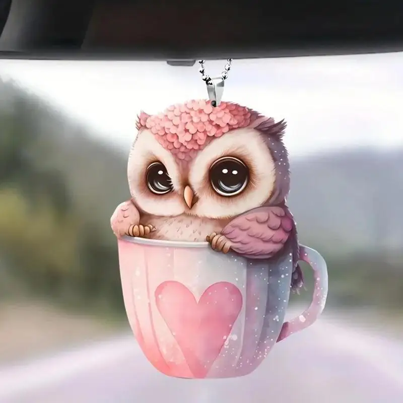 

Car Pendant Auto Rearview Mirror Hanging Ornaments Bird In A Cup Pendant Creative Car Cute Acrylic Owl Swing For Car Interior