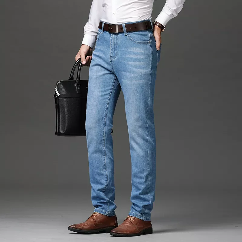 2023NEW Autumn Winter New Men's Light Blue Business Jeans Plus Size 42 44 46 Stretch Denim Straight-leg Pants Male Brand Tro