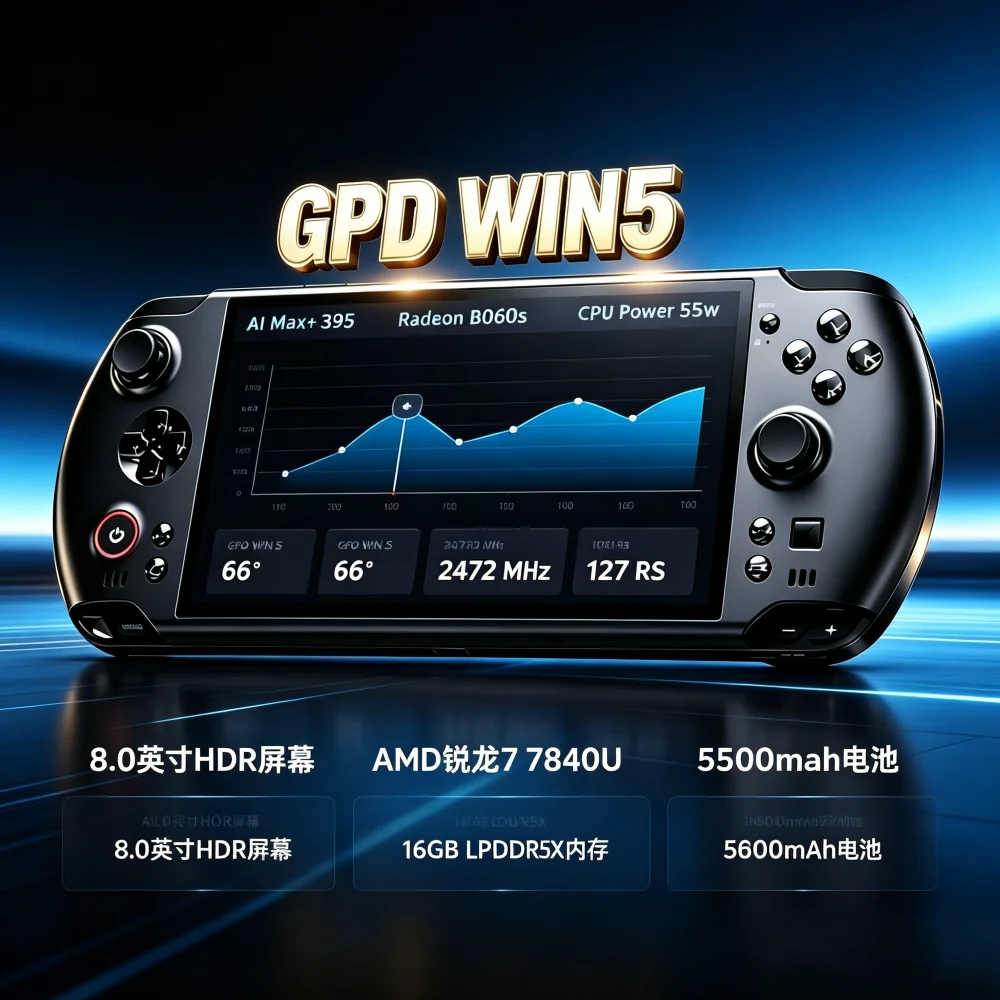 Фото Портативная игровая консоль GPD Win 5 с Windows 11, процессором Radeon 8060S, графическим процессором AMD395, SSD M.2 2280, 7-дюймовым экраном 120 Гц №1