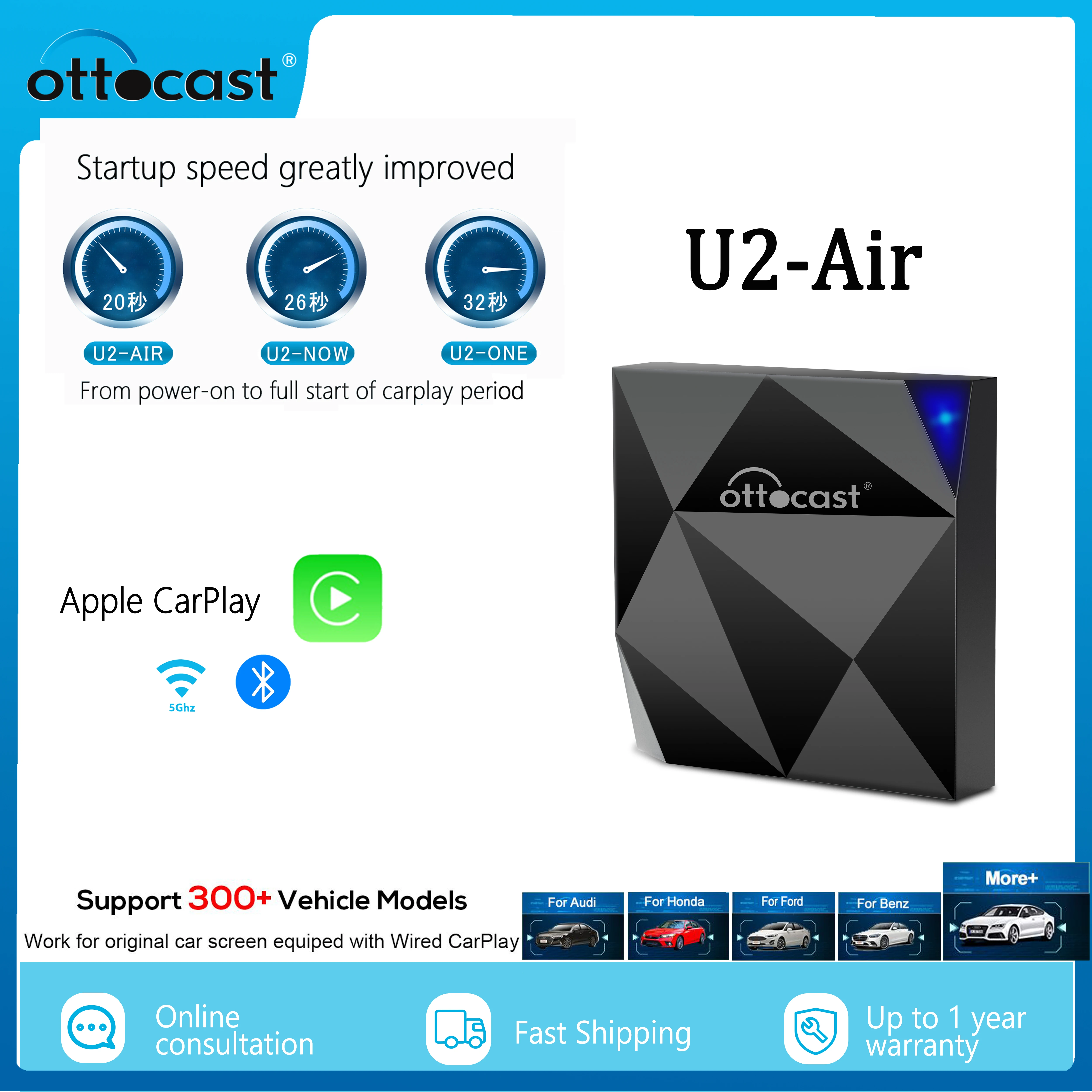 OTTOCAST U2 Air Wireless CarPlay Adapter Apple CarPlay Dongle Activator Bluetooth USB Multimdia Player for Audi Honda Hyundai