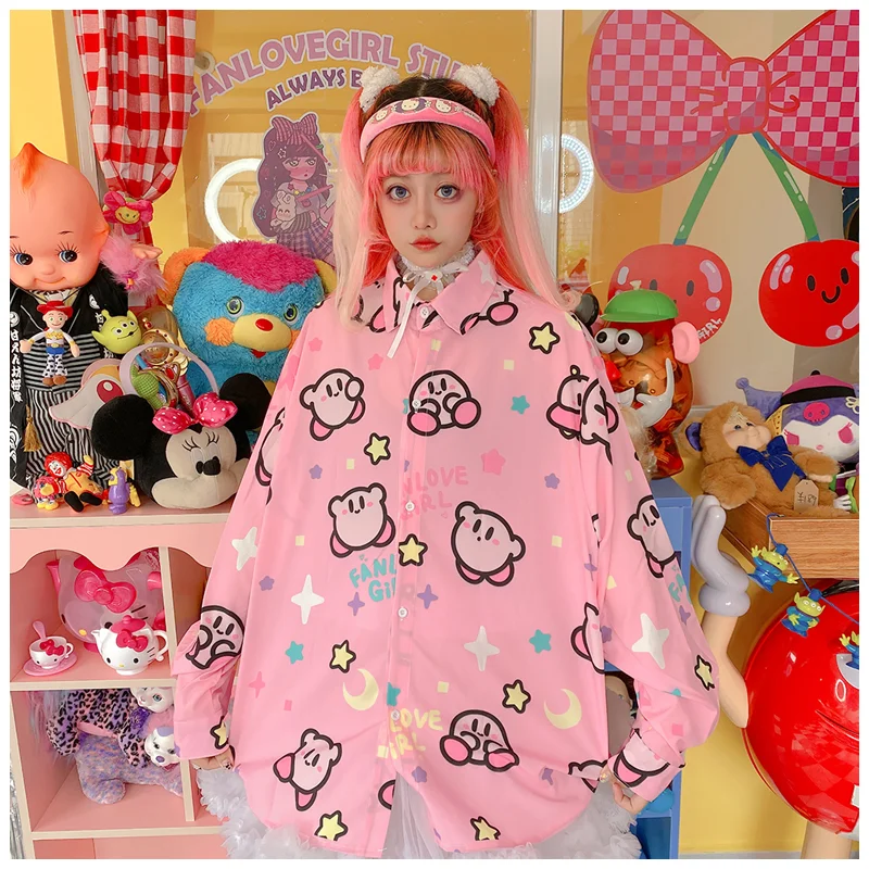 Cartoon Anime Figure Pink Star Kirby Long Sleeves Loose Shirt Clothing Cute Kawaii Sweet Soft Girl Girly Style Blouse Gift