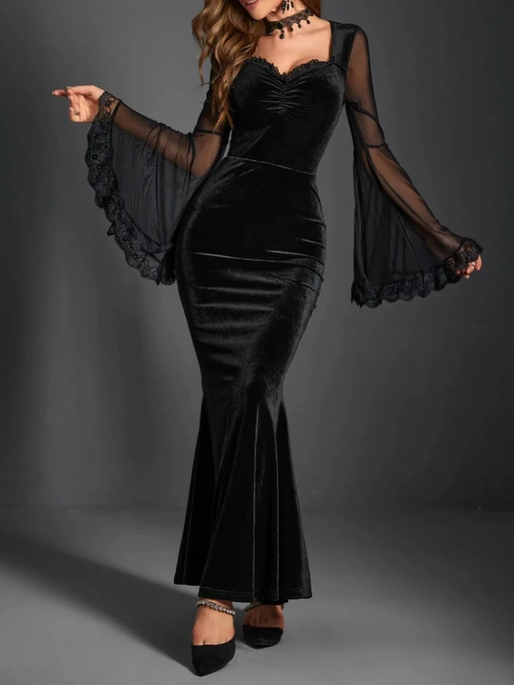 

2023 темные бархатные элегантные готические панковские платья-трубы гранж с рюшами сетчатые расклешенные рукава вечернее платье женское сексуальное официальное платье