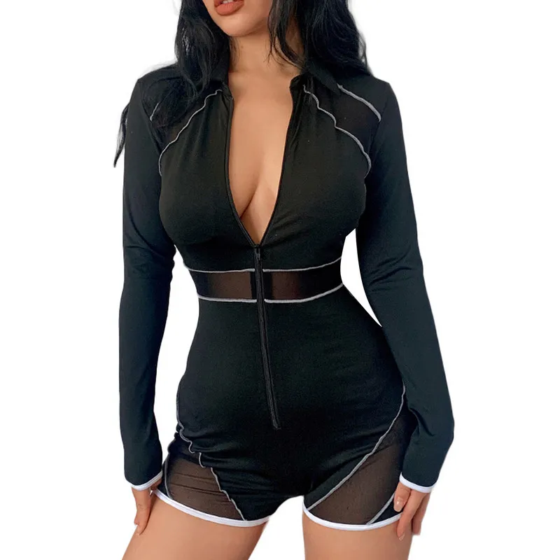 

Women Bodycon Bodysuits Fall Winter y2k Clothes 2022 Long Sleeve Zipper Closure Patchwork See-through Daily Jumpsuit Clothing