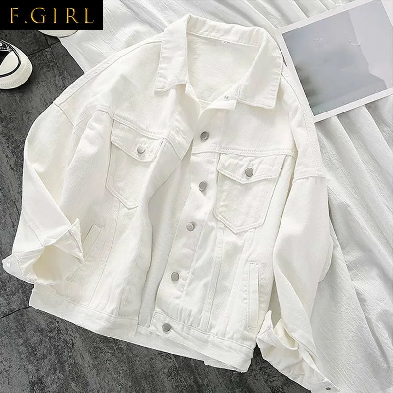 F GIRLS Korean Style Denim Jackets Women Solid Color Single Breasted Tops Female Turn Down Collar Long Sleeve Casual Outerwear