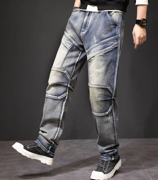 Men Jeans Patch Multi-Pocket Jeans Loose Baggy Denim Pants Hip Hop Joggers Harem Man Cargo Trousers Size 29-44