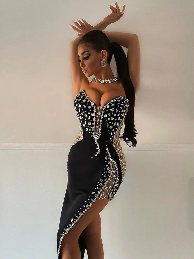 

2023 Women's Strapless Sexy Dress Luxurious Diamond Decorative Mesh Design Bodycon Long Celebrity Party Bandage Dress