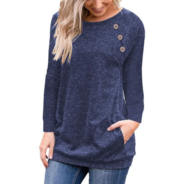 

2022 spring new T-shirt women's round neck button stitching long sleeve pocket top