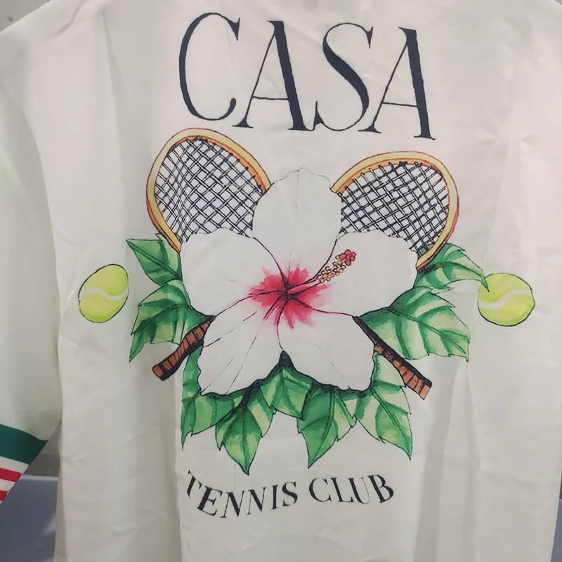 Cross Racket Greenery Floral Print CASABLANCA Short Set Real Photo Men Women Hawaii Beach TENNIS CLUB Short Sleeve Suit Pocket