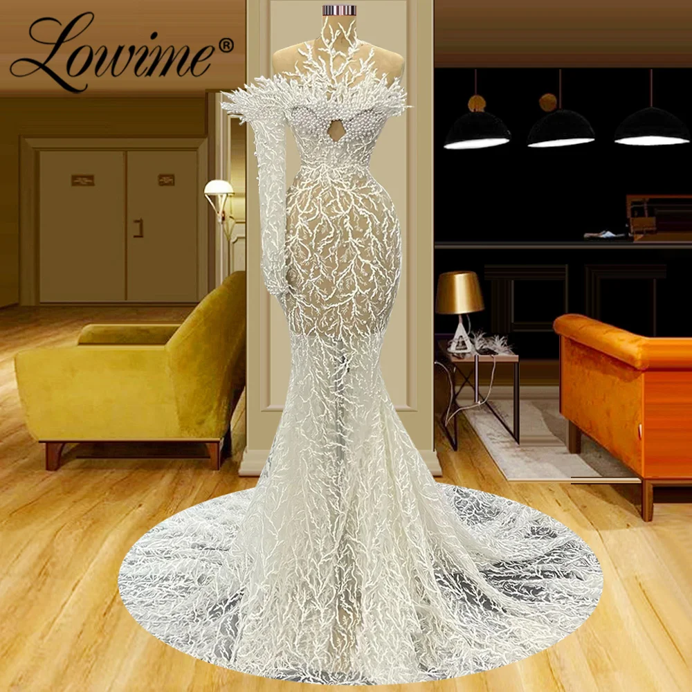 

Lowime 2023 Couture Lace Evening Dresses One Shoulder Party Dress Pearls See Through Celebrity Dresses Robes De Soirée Prom Gown