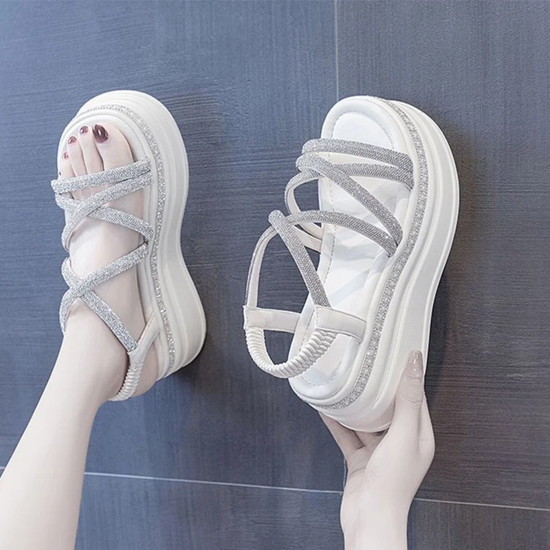

High Heels Open Toe Crystal Summer Sandals Women Platform Shoes Casual Shoes Student Dress Beach Slippers Mujer Zapatos 2023 New