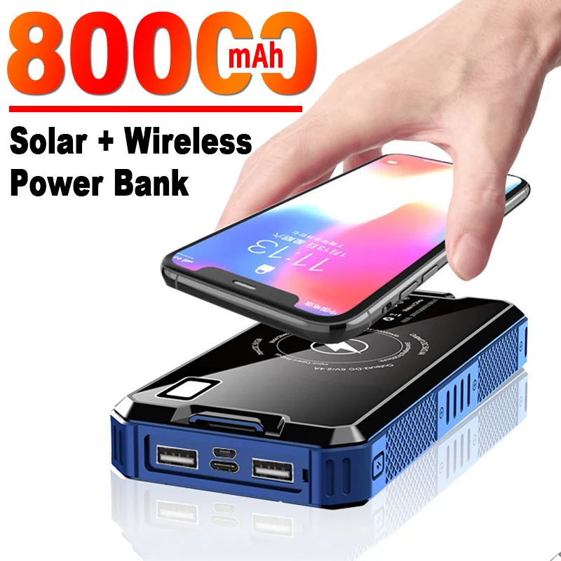 

80000mAh Solar Wireless Power Bank High Capacity Portable External Battery with LED Flashlight Outdoor Travel for IPhone Xiaomi