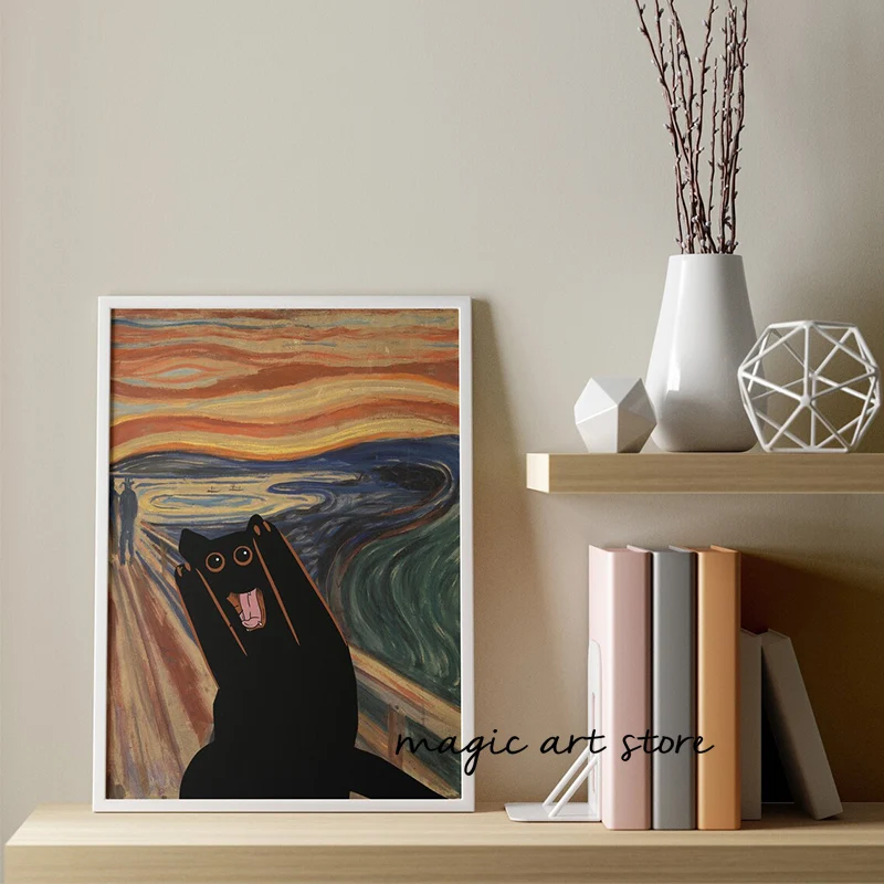 Винтажный забавный кот плак Эдвардский мунч черный художественный постер на