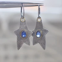 vintage irregular pentagram metal engraving pattern earrings personality silver inlaid sapphire crystal drop earrings