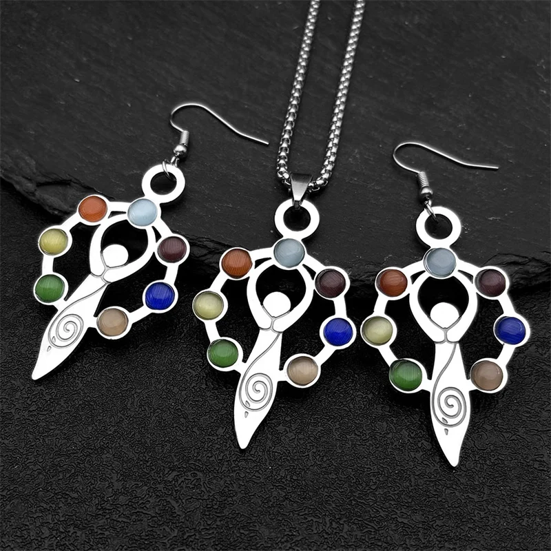 7-чакра камень йога ожерелье серьги комплект для женщин нержавеющая сталь