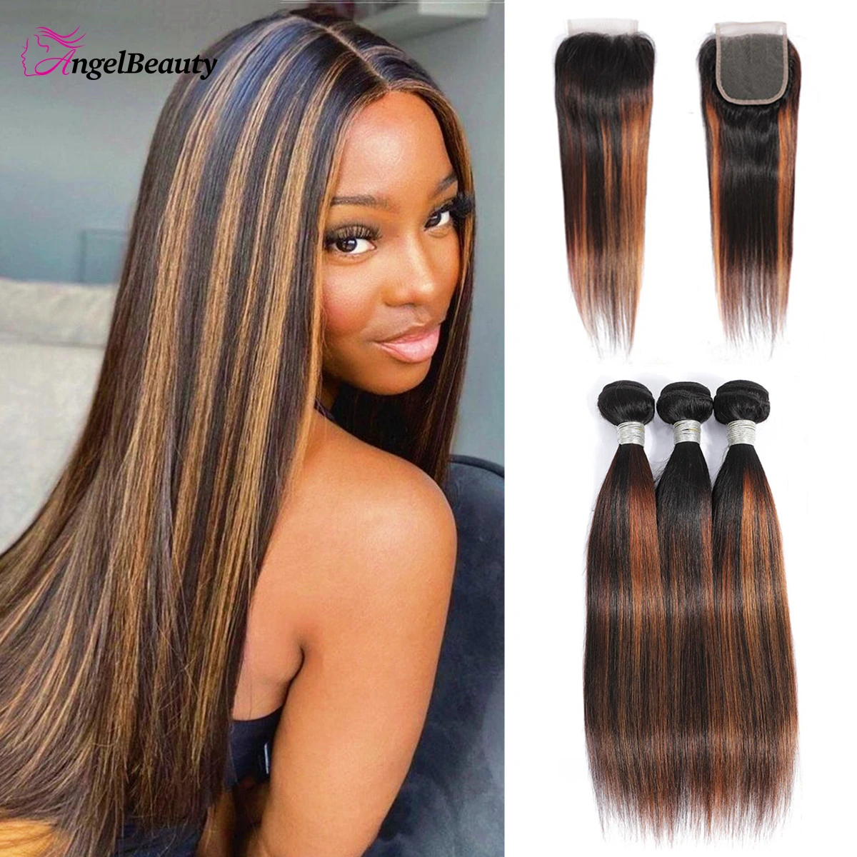 P1B/30 Highlight Bundles With Closure Human Hair Ombre Straight Bundles With Closure Bone Straight Bundles with 4x4 Lace Closure