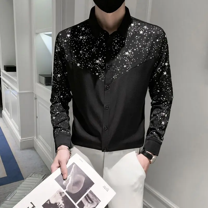 2023 New Autumn Business Casual Intellectual Neat and Capable Korean Fashion Vintage Shirt Solid Color Sequins Slim Top Men